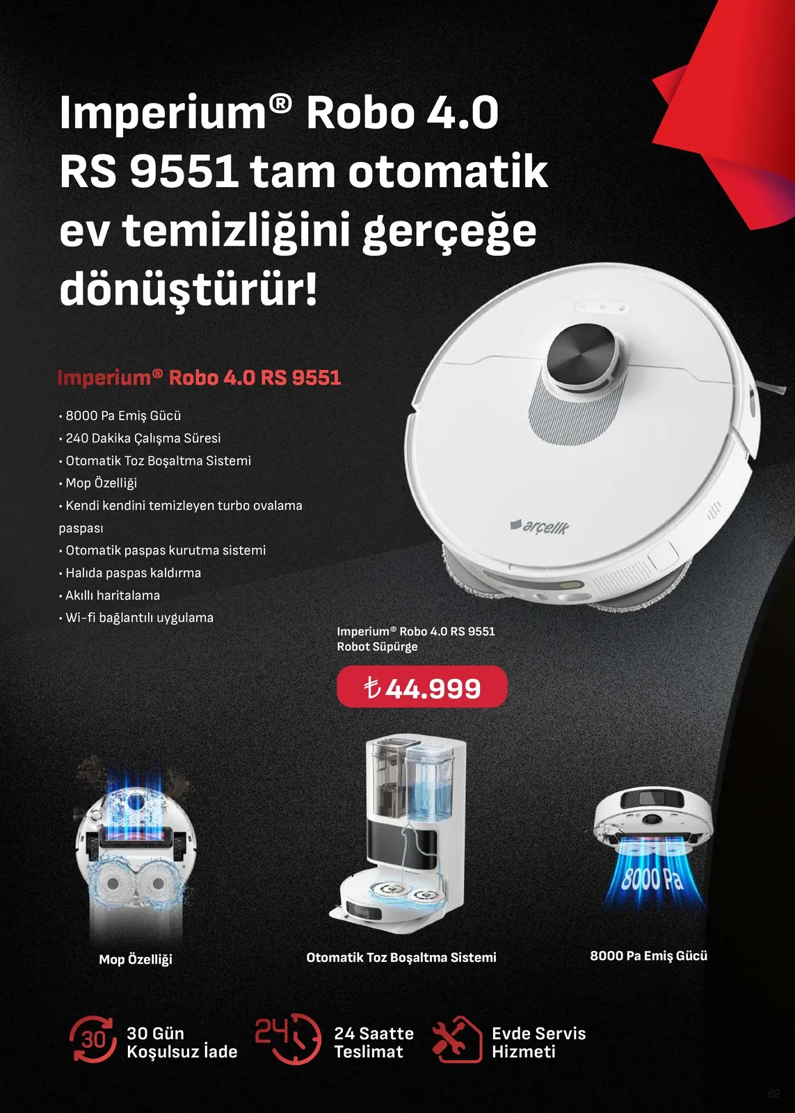 Arçelik Arçelik 1 Nisan 2026 Aktüel Kataloğu sayfa 62: Imperium Robo 4.0 Rs 9551 Robot Süpürge