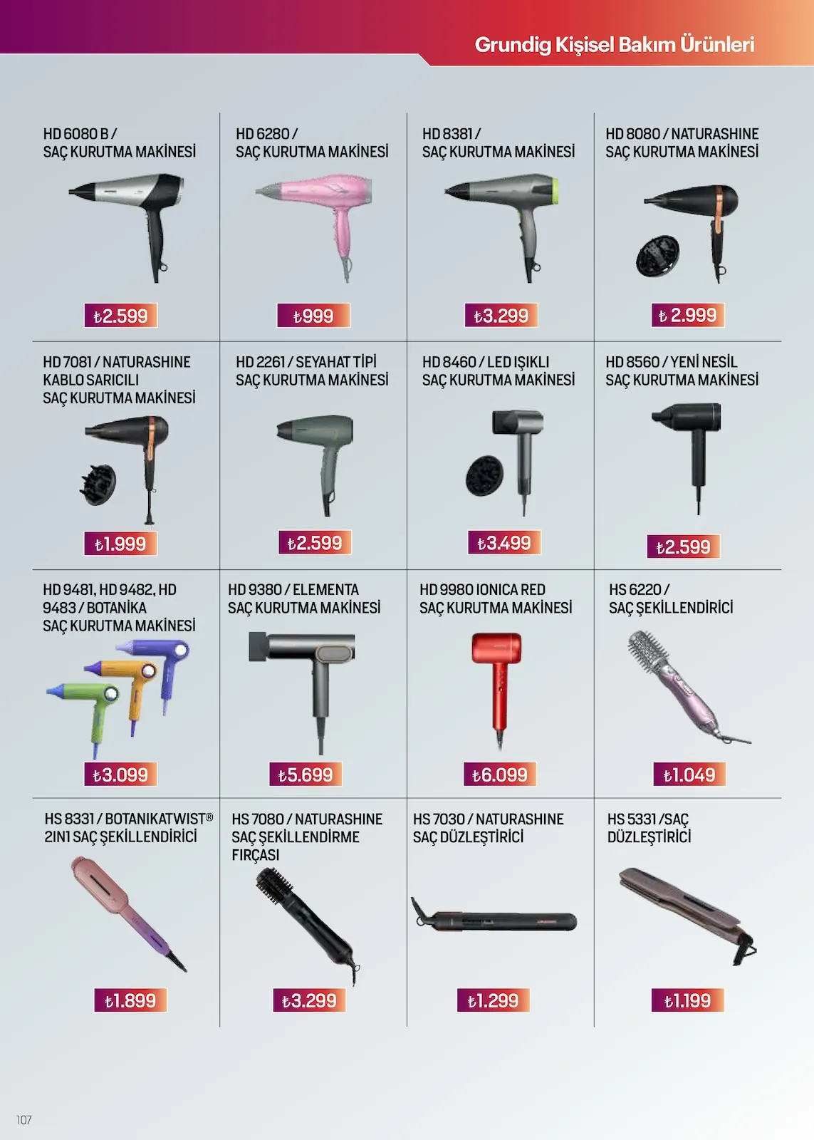 Arçelik Arçelik 16 Nisan 2026 Aktüel Kataloğu sayfa 107: Hd 9380 / Elementa Saç Kurutma Makinesi, Hd 2261 / Seyahat Tipi Saç Kurutma Makinesi