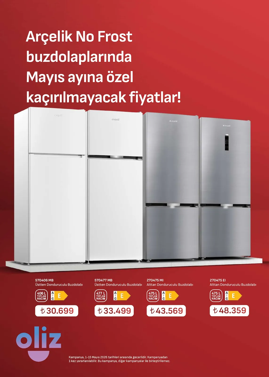Arçelik Arçelik 1 Mayıs 2026 Aktüel Kataloğu sayfa 10: Arçelik 570406 Mb Üstten Donduruculu Buzdolabı 406L