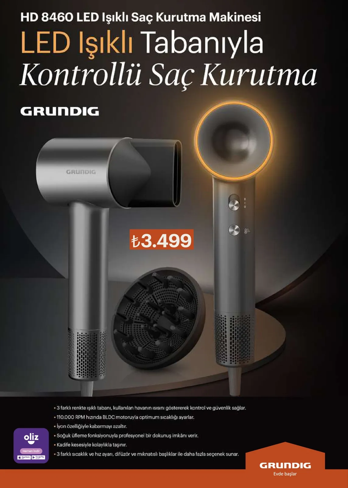Arçelik Arçelik 1 Mayıs 2026 Aktüel Kataloğu sayfa 104: Grundig Led Işıklı Tabanlı Kontrollü Saç Kurutma Makinesi