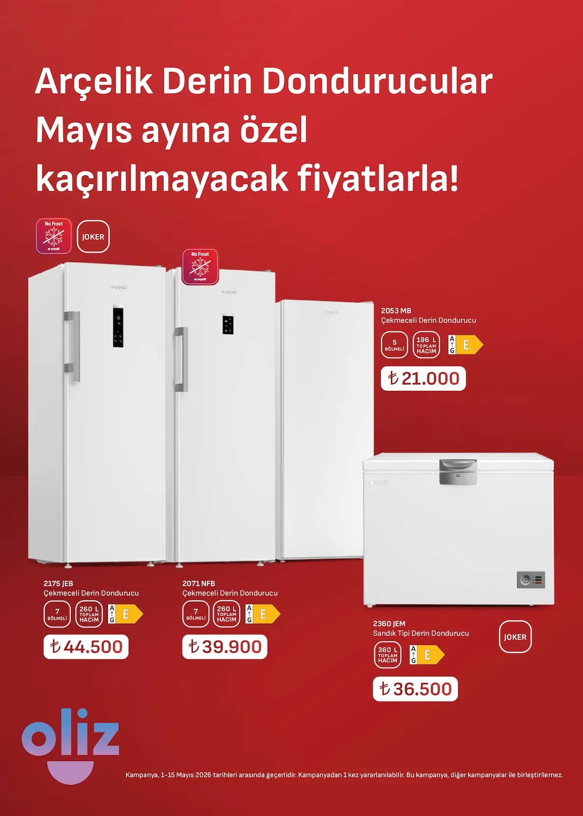 Arçelik Arçelik 1 Mayıs 2026 Aktüel Kataloğu sayfa 15: 2360 Jem Sandık Tipi Derin Dondurucu 360 Lt, 2053 Mb Çekmeceli Derin Dondurucu 196 Lt