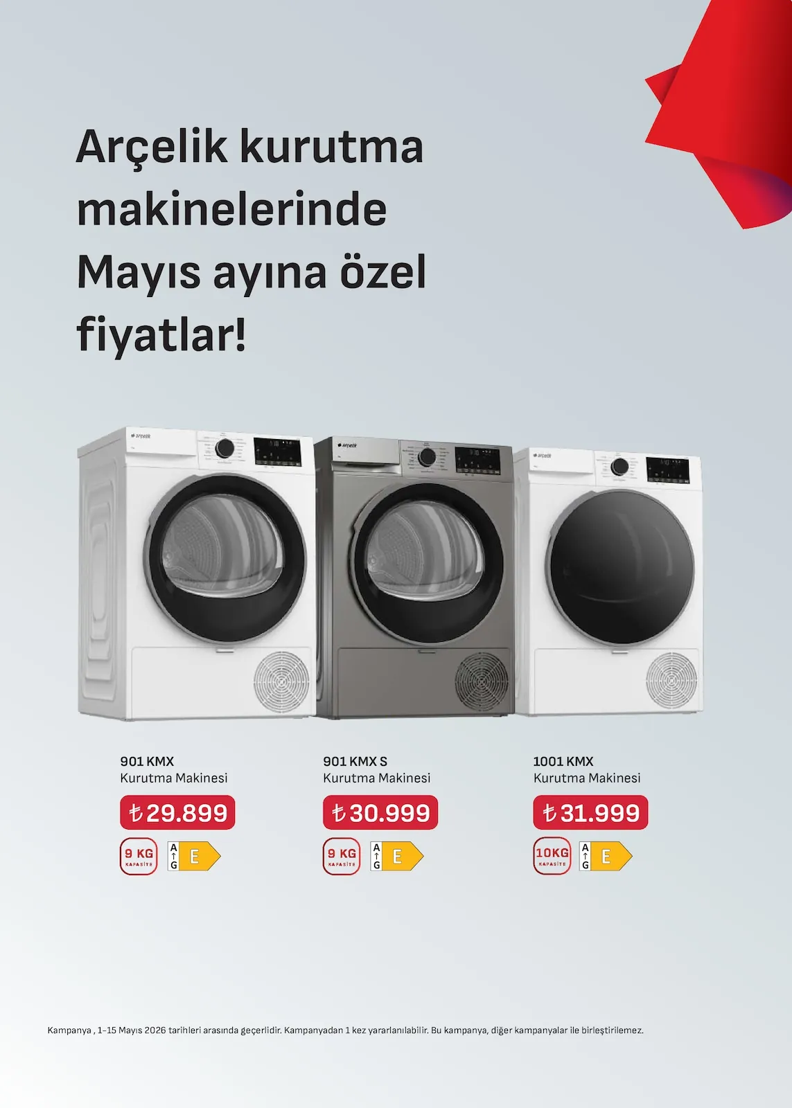 Arçelik Arçelik 1 Mayıs 2026 Aktüel Kataloğu sayfa 26: Arçelik 1001 Kmx Kurutma Makinesi 10Kg, Arçelik 901 Kmx S Kurutma Makinesi 9Kg