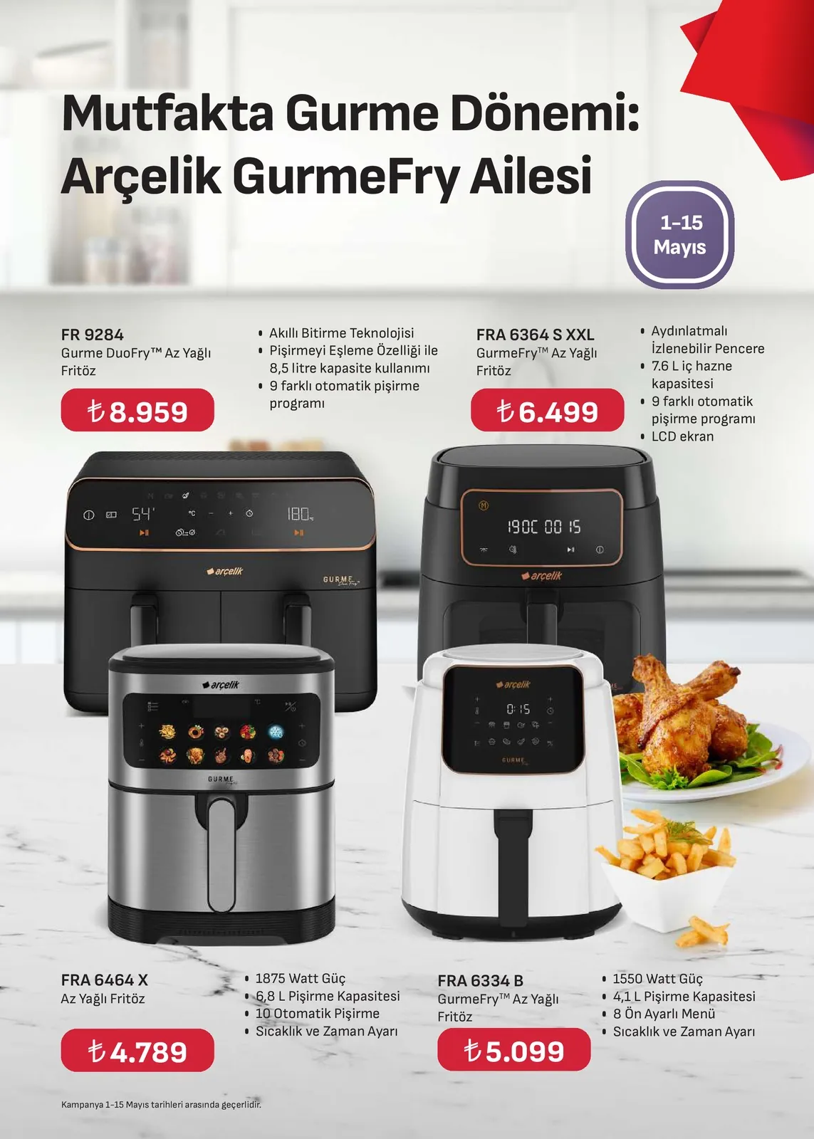 Arçelik Arçelik 1 Mayıs 2026 Aktüel Kataloğu sayfa 53: Arçelik Gurmefry Duo Fry Az Yagli Fritöz Fr 9284, Arçelik Gurmefry Az Yagli Fritöz Fra 6364 S Xxl