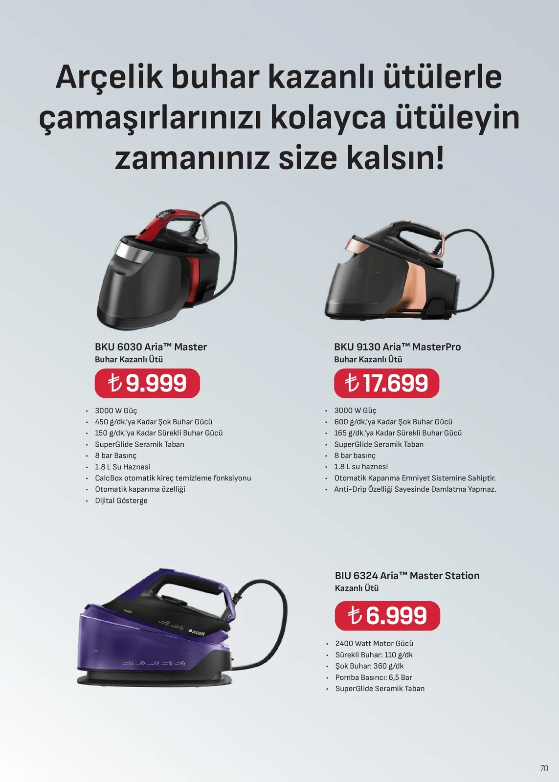 Arçelik Arçelik 1 Mayıs 2026 Aktüel Kataloğu sayfa 70: Bku 6030 Aria Master Buhar Kazanlı Ütü