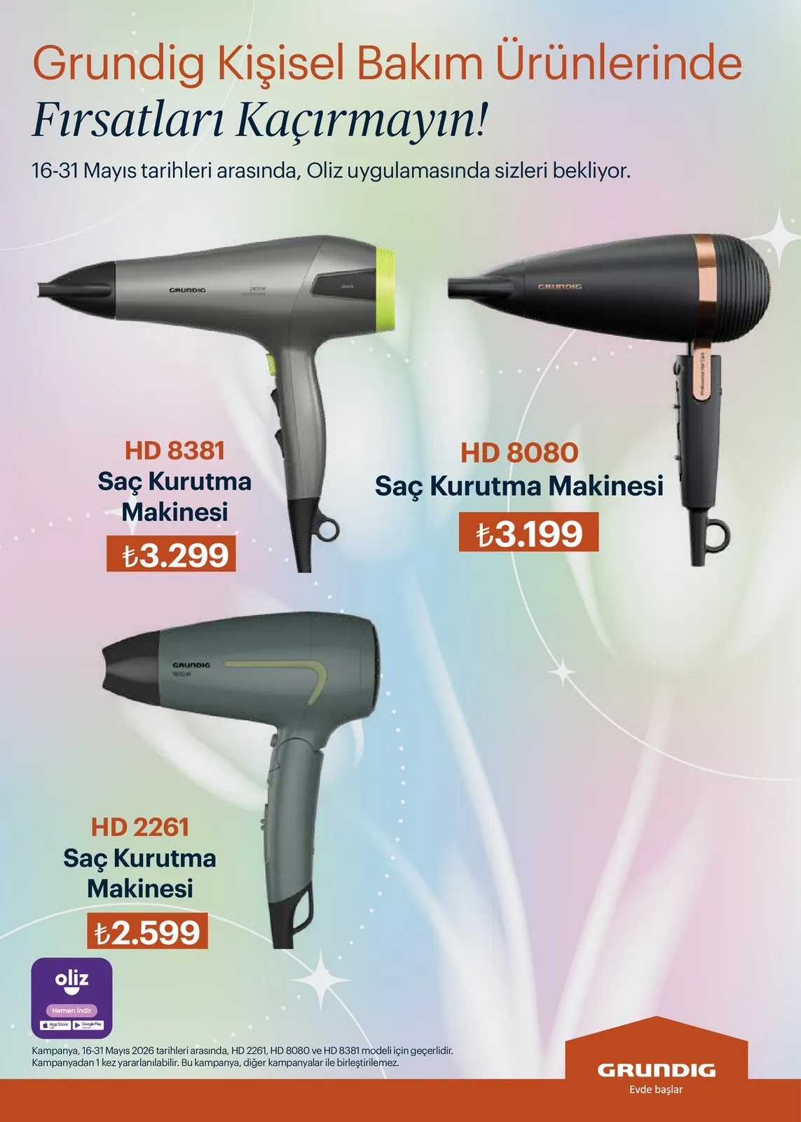 Arçelik Arçelik 16 Mayıs 2026 Aktüel Kataloğu sayfa 98: Grundig Hd 2261 Saç Kurutma Makinesi, Grundig Hd 8381 Saç Kurutma Makinesi