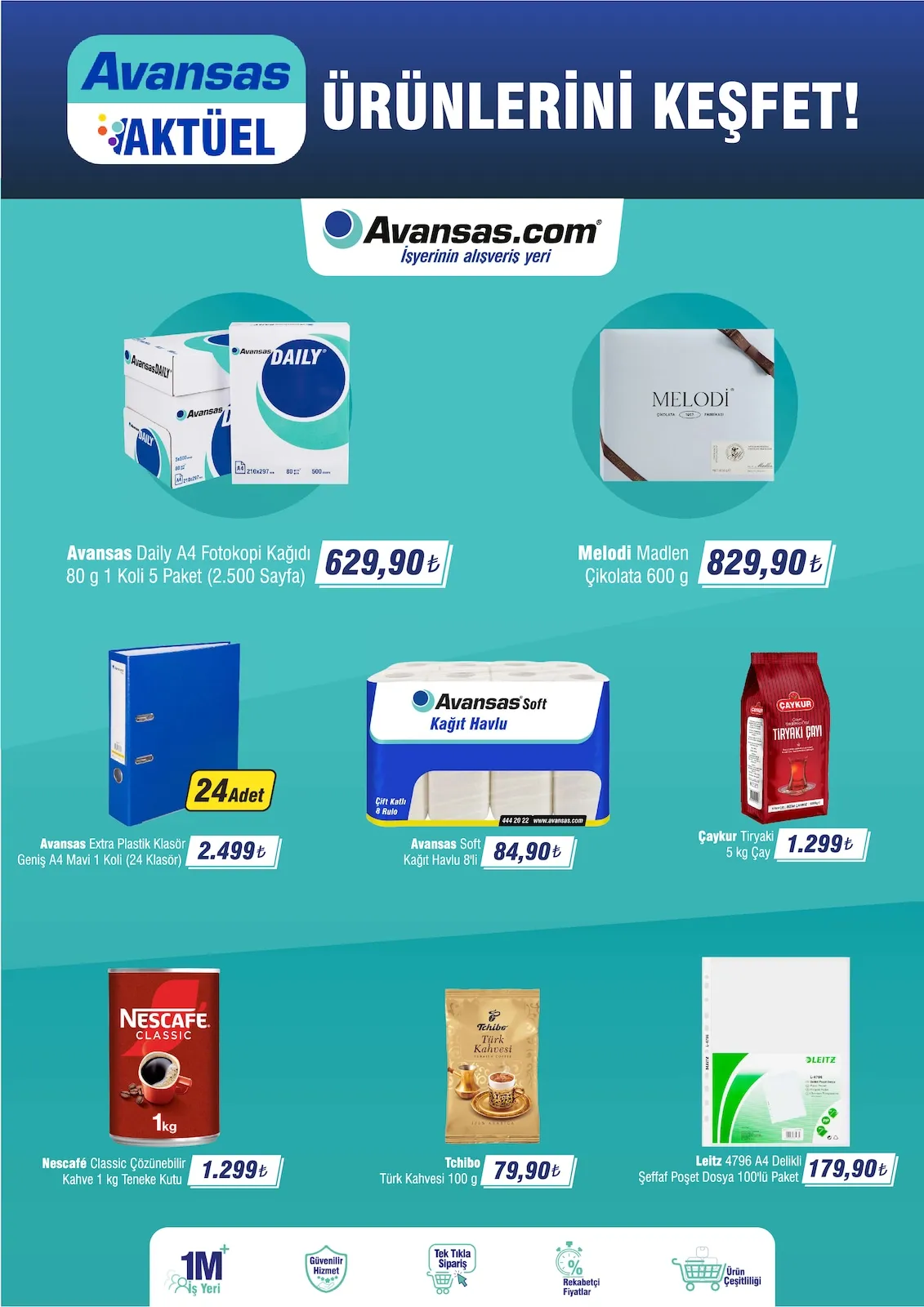 Avansas Avansas 16 Şubat 2026 Aktüel Kataloğu sayfa 1: Melodi Madlen Çikolata 600 G, Leitz 4796 A4 Delikli Şeffaf Poşet Dosya 100'Lü Paket