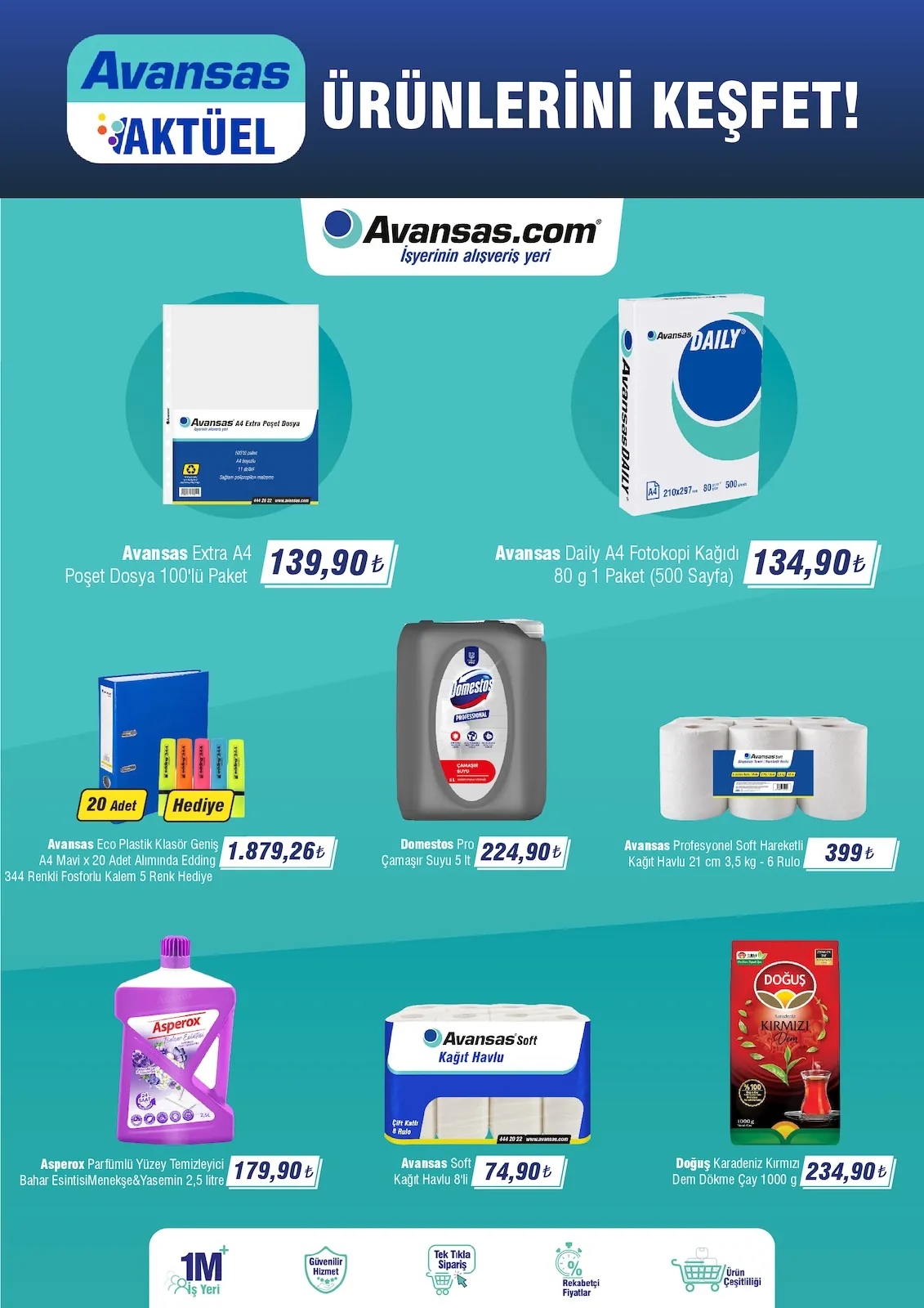 Avansas Avansas 20 Nisan 2026 Aktüel Kataloğu sayfa 1: Domestos Pro Çamaşır Suyu 5 Lt, Doğuş Karadeniz Kırmızı Dem Dökme Çay 1000 G
