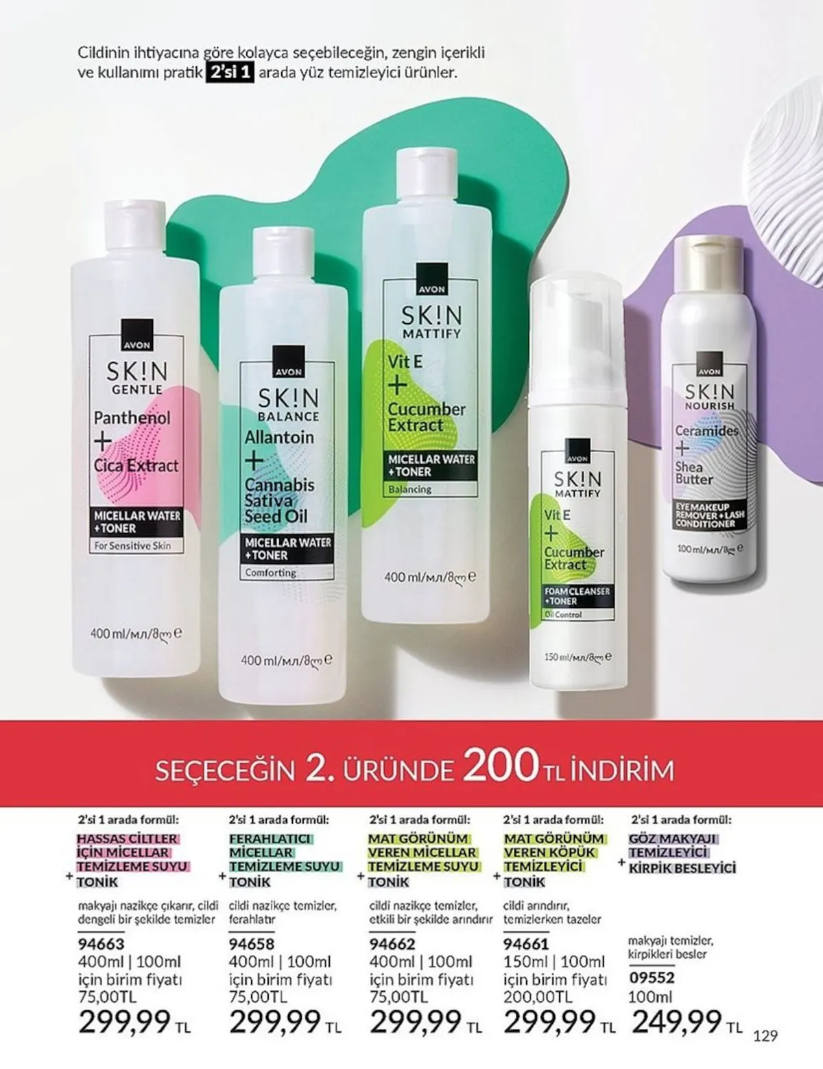 Avon Avon 1 Şubat 2026 Aktüel Kataloğu sayfa 129: Avon Mat Görünüm Veren Micellar Temizleme Suyu + Tonik 400Ml + 100Ml, Avon Hassas Ciltler İçin Micellar Temizleme Suyu + Tonik 400Ml + 100Ml