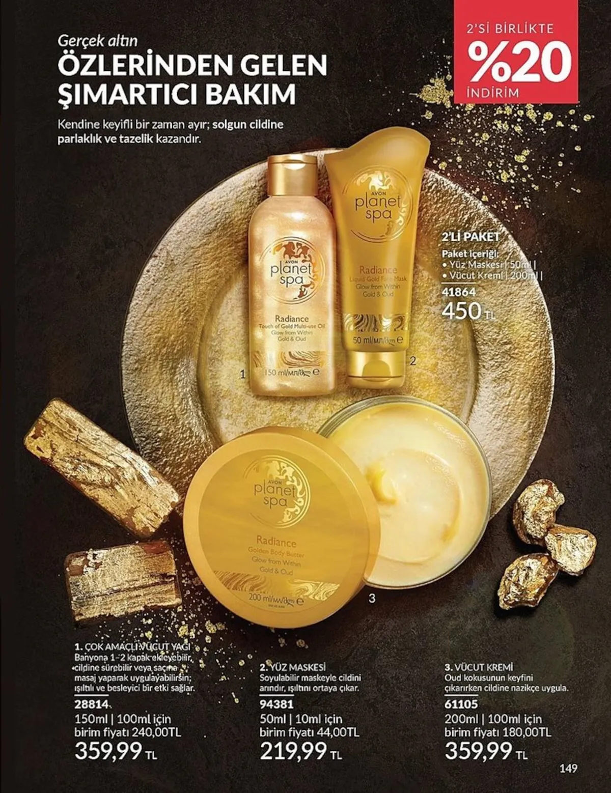 Avon Avon 1 Şubat 2026 Aktüel Kataloğu sayfa 149: Avon Planet Spa Radiance Touch Of Gold Multi-Use Oil 150 Ml & Avon Planet Spa Radiance Liquid Gold Face Mask 50 Ml, Avon Planet Spa Radiance Golden Body Butter 200 Ml
