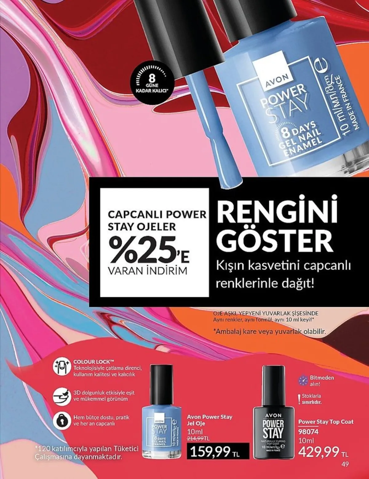 Avon Avon 1 Şubat 2026 Aktüel Kataloğu sayfa 49: Avon Power Stay Jel Oje 10Ml, Avon Power Stay Top Coat 98074 10Ml