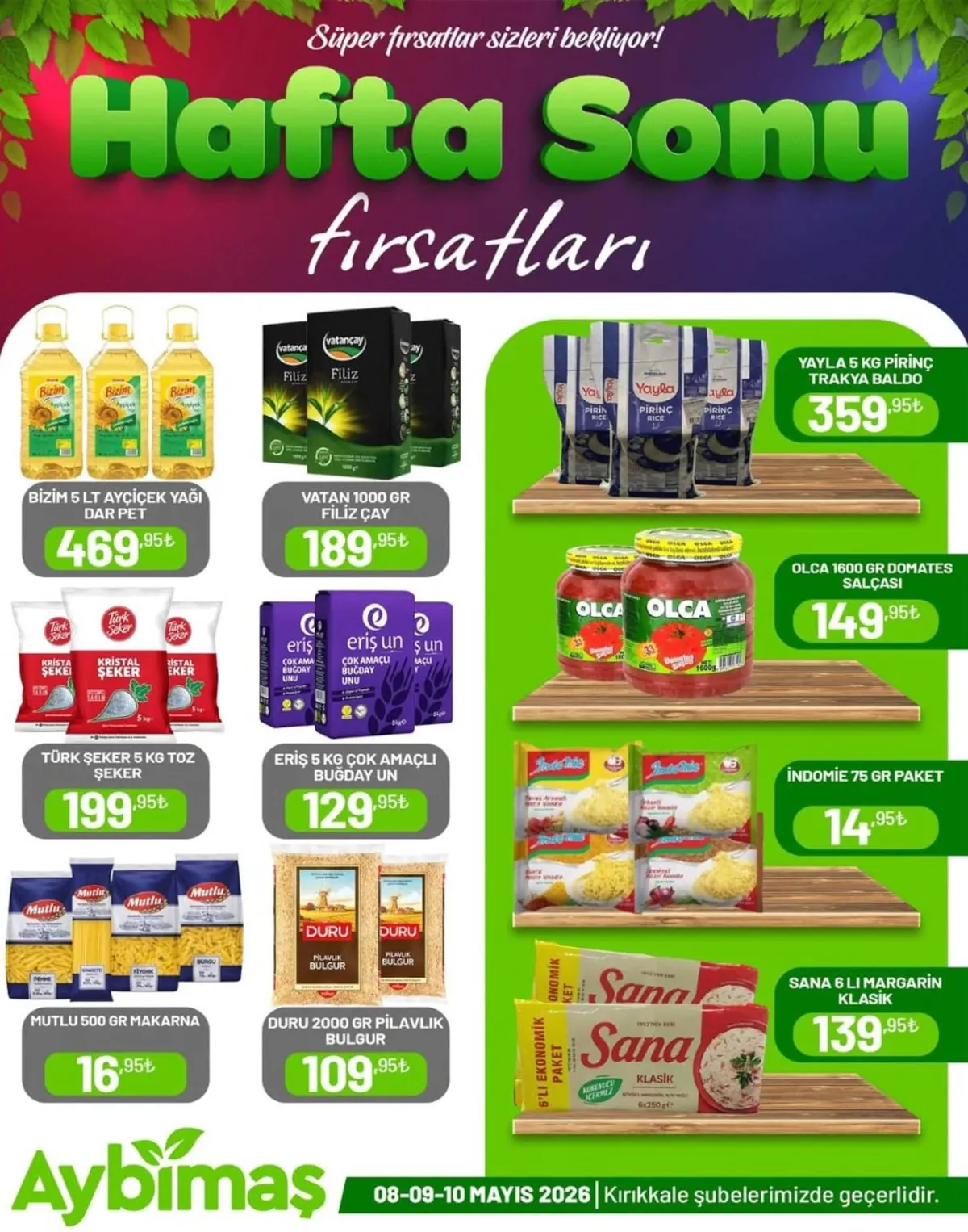 Aybimaş Aybimaş 8 Mayıs 2026 Aktüel Kataloğu sayfa 1: Vatan 1000 Gr Filiz Çay, Bizim 5 Lt Ayçiçek Yağı Dar Pet