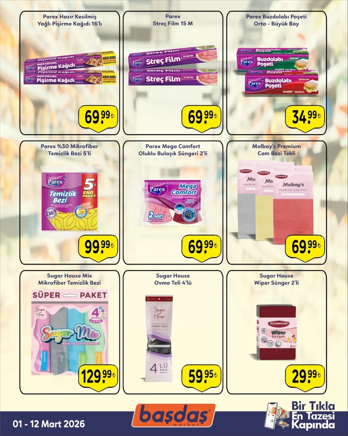 Başdaş Başdaş Market 1 Mart 2026 Aktüel Kataloğu sayfa 3: Molbay'S Premium Cam Bezi Tekli, Parex Buzdolabı Poşeti Orta - Büyük Boy