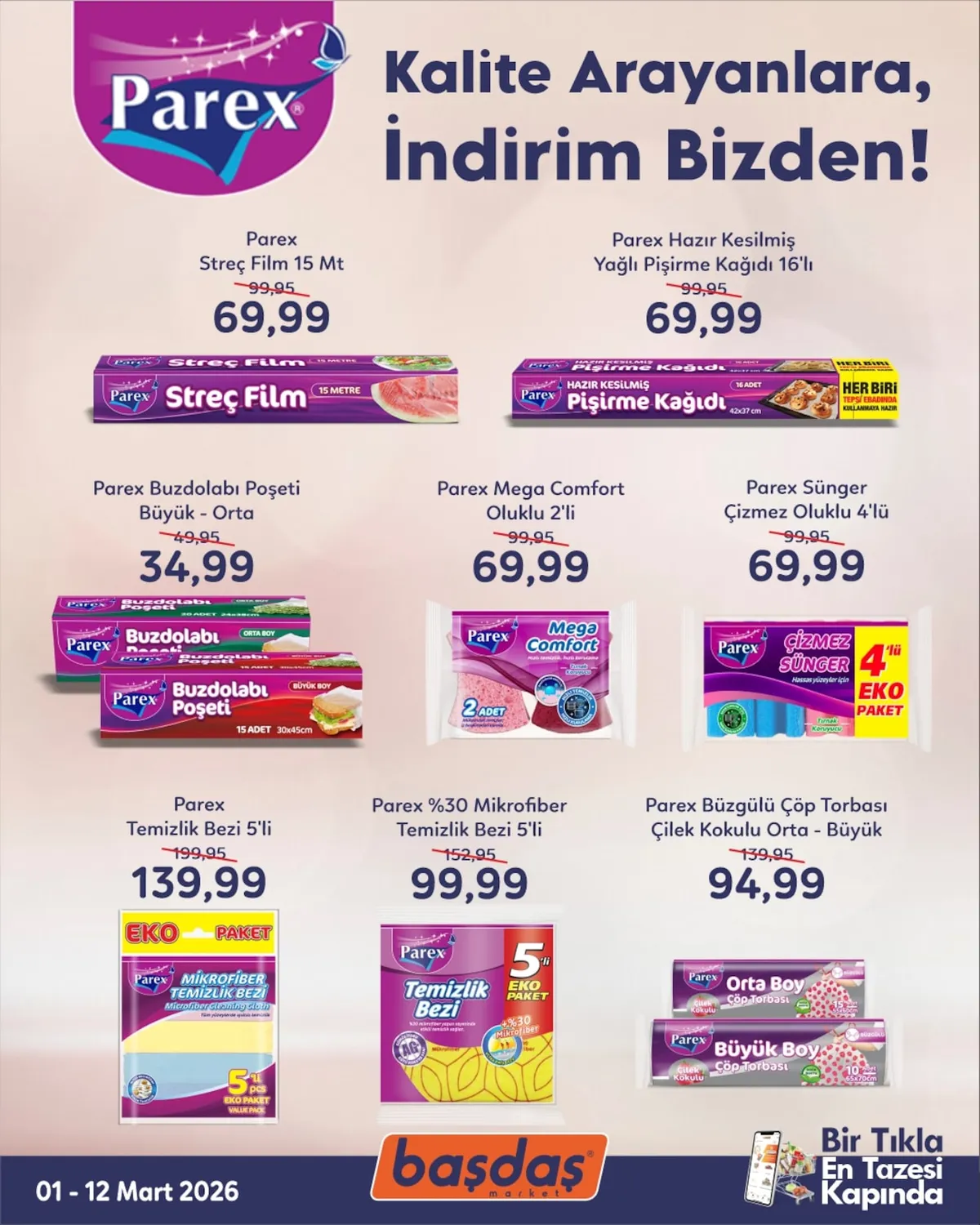 Başdaş Başdaş Market 1 Mart 2026 Aktüel Kataloğu sayfa 6: Parex Streç Film 15 Mt, Parex Büzgülü Çöp Torbası Çilek Kokulu Orta - Büyük
