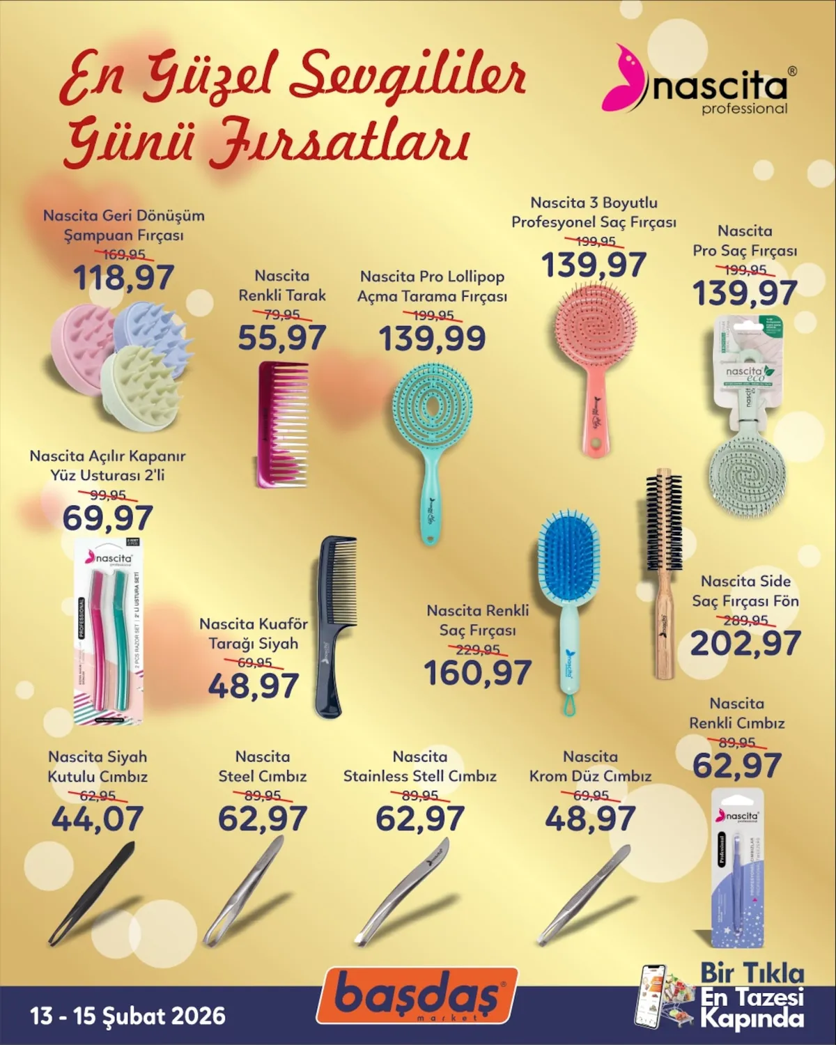 Başdaş Başdaş Market 13 Şubat 2026 Aktüel Kataloğu sayfa 4: Nascita Kuaför Tarağı Siyah, Nascita Renkli Saç Fırçası