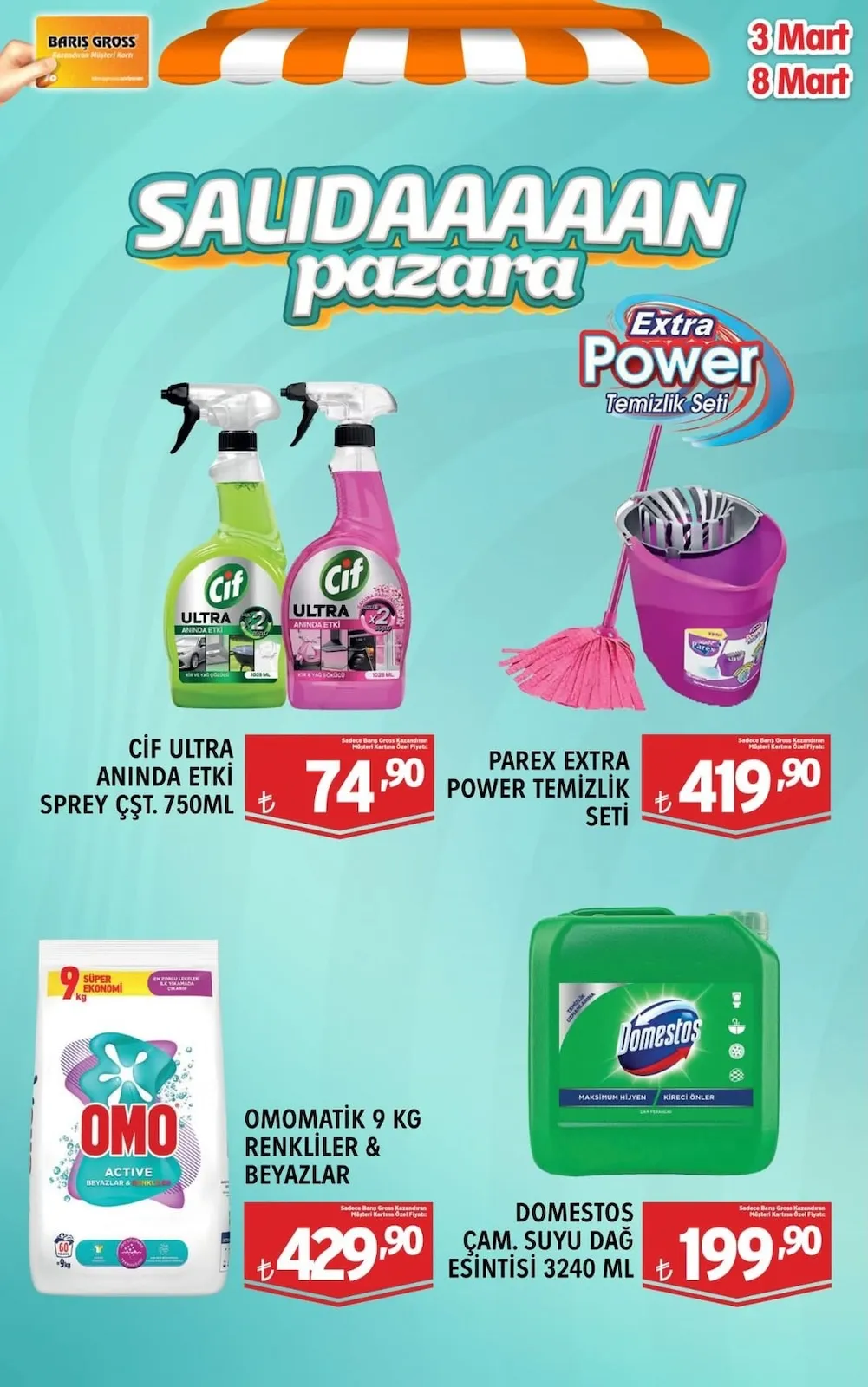 Barış Barış Gross 3 Mart 2026 Aktüel Kataloğu sayfa 3: Omomatik 9 Kg Renkliler & Beyazlar, Domestos Çam Suyu Dağ Esintisi 3240 Ml