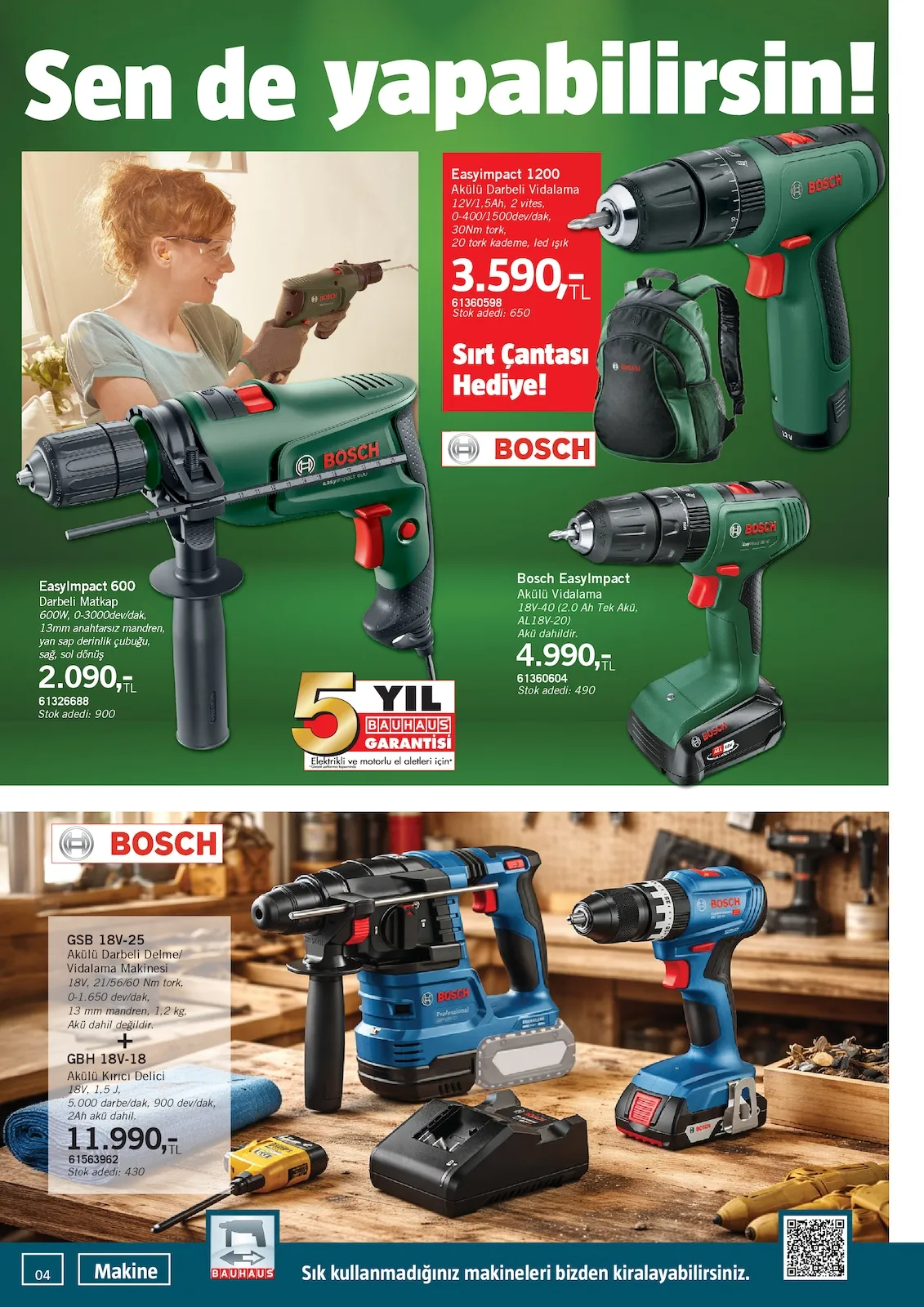 Bauhaus Bauhaus 31 Ocak 2026 Aktüel Kataloğu sayfa 4: Bosch Easyimpact Akülü Vidalama 18V-40 (2.0 Ah Tek Akü, Al18V-20), Easyimpact 600 Darbeli Matkap 600W