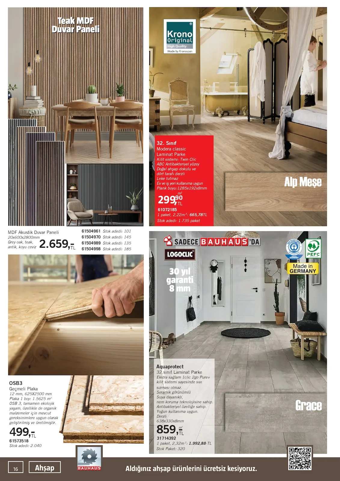 Bauhaus Bauhaus 28 Mart 2026 Aktüel Kataloğu sayfa 16: 32. Sınıf Modera Classic Laminat Parke, 32. Sınıf Laminat Parke