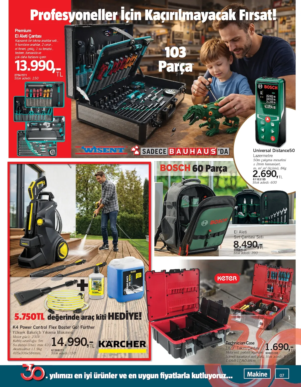 Bauhaus Bauhaus 18 Nisan 2026 Aktüel Kataloğu sayfa 7: Bosch 60 Parça El Aleti Sırt Çantası Seti, Universal Distance50 Lazermetre