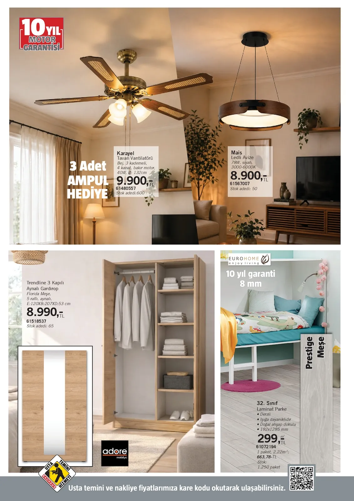 Bauhaus Bauhaus 1 Mayıs 2026 Aktüel Kataloğu sayfa 2: Eurohome Prestige Meşe Laminat Parke, Adore Trendline 3 Kapılı Aynalı Gardırop