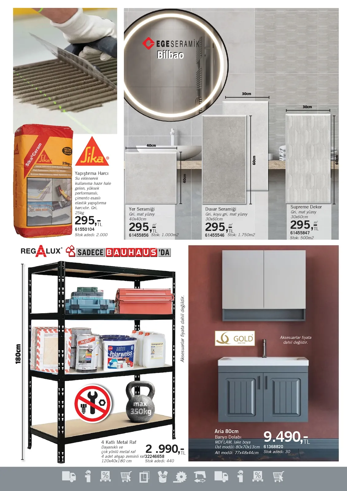 Bauhaus Bauhaus 1 Mayıs 2026 Aktüel Kataloğu sayfa 3: Sika İçeriği Beyaz Beyaz Yapıstırma Harcı 25Kg, 4 Katlı Metal Raf 120X40X180Cm