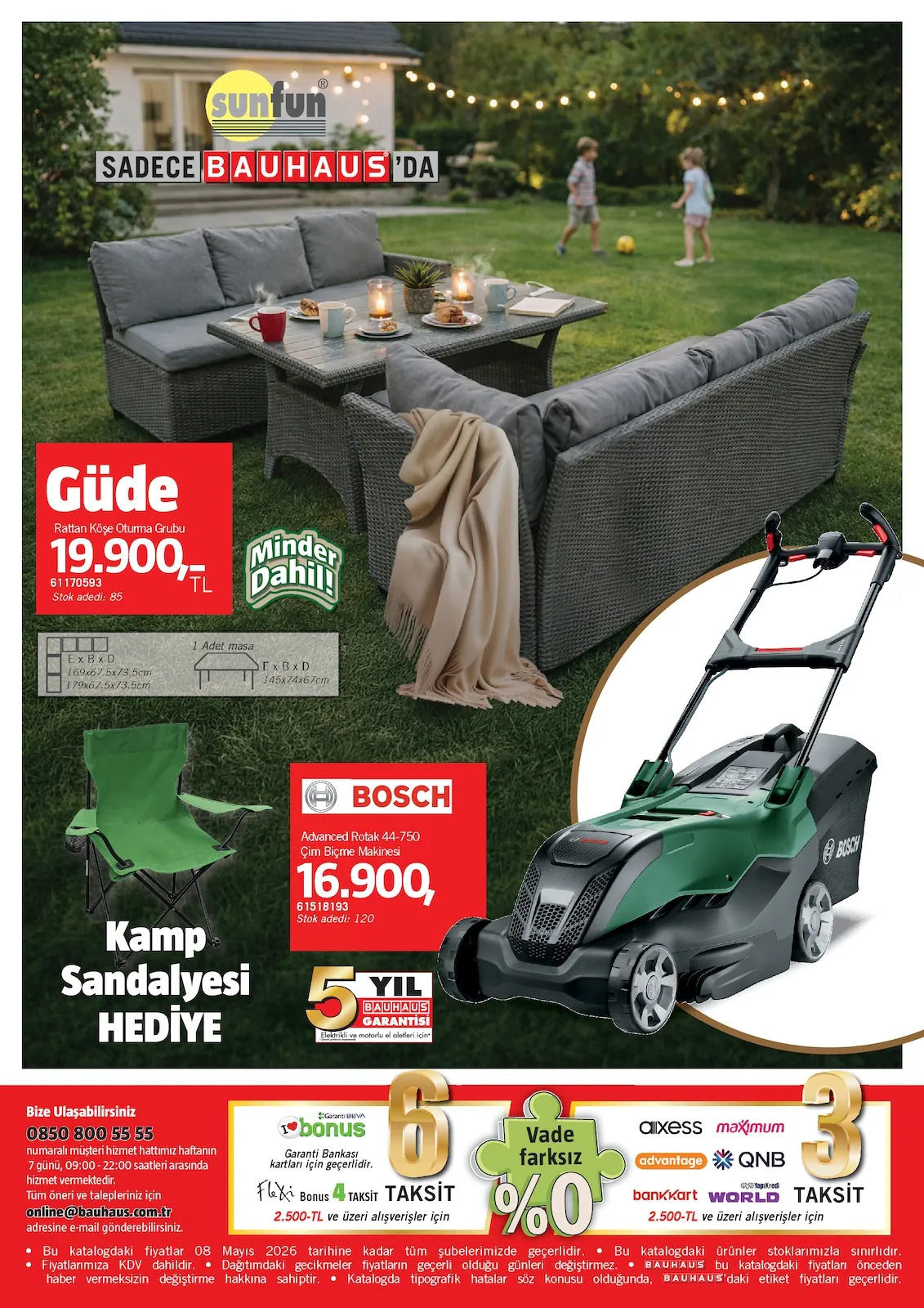 Bauhaus Bauhaus 1 Mayıs 2026 Aktüel Kataloğu sayfa 4: Gude Rattan Köşe Oturma Grubu, Bosch Advanced Rotak 44-750 Çim Biçme Makinesi