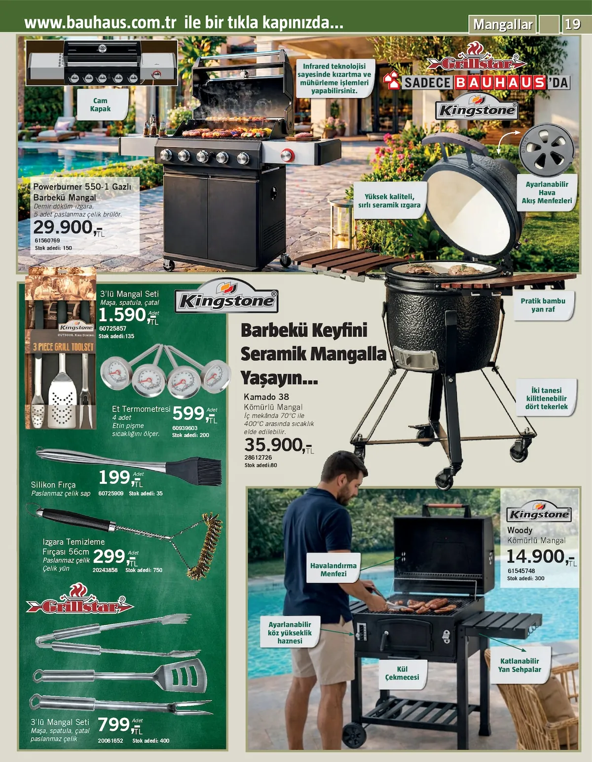 Bauhaus Bauhaus 9 Mayıs 2026 Aktüel Kataloğu sayfa 19: Powerburner 550-1 Gazlı Barbekü Mangal, 3'Lü Mangal Seti Maşa, Spatula, Çatal