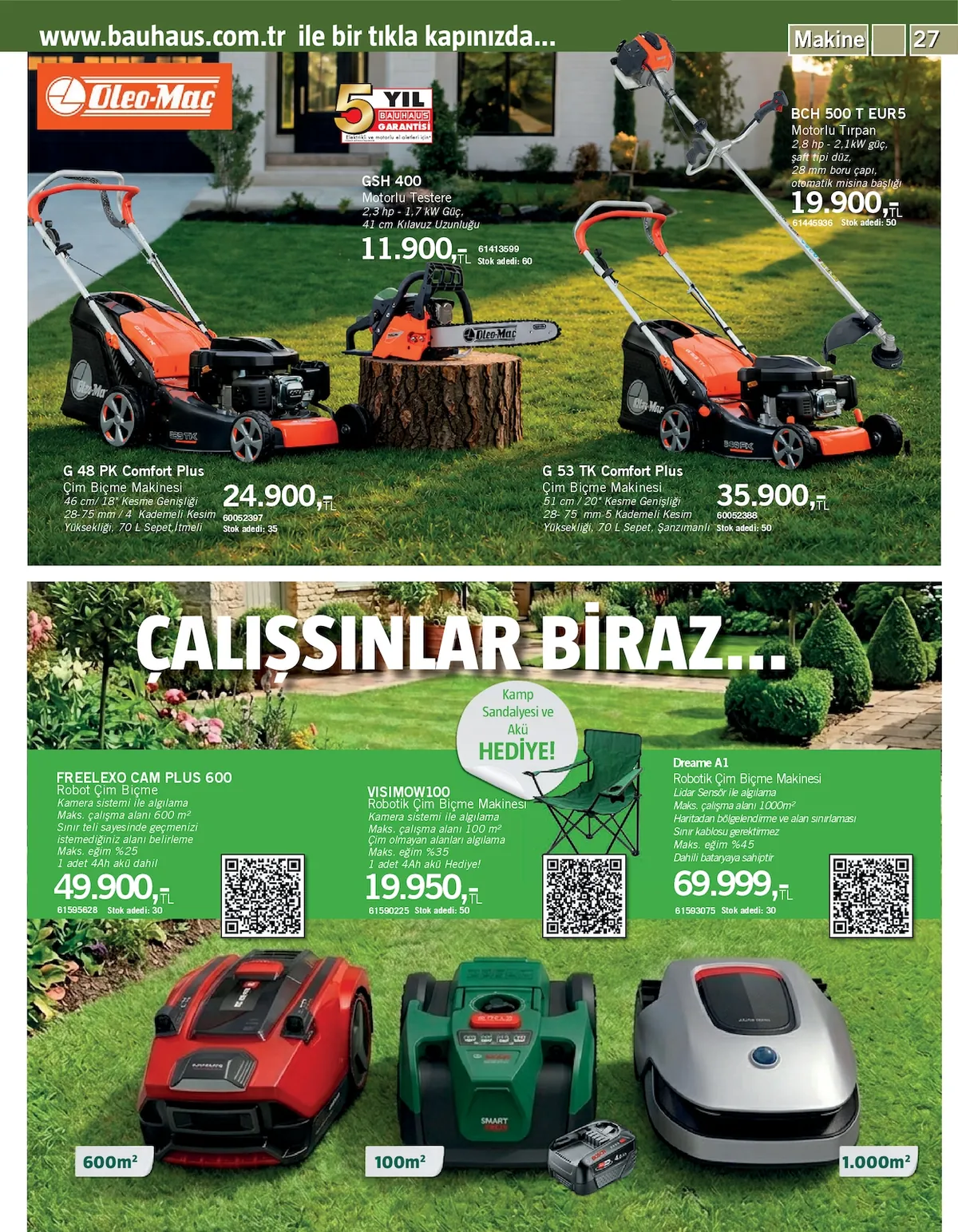 Bauhaus Bauhaus 9 Mayıs 2026 Aktüel Kataloğu sayfa 27: Freelexo Cam Plus 600 Robot Çim Biçme, Visimow100 Robotik Çim Biçme Makinesi