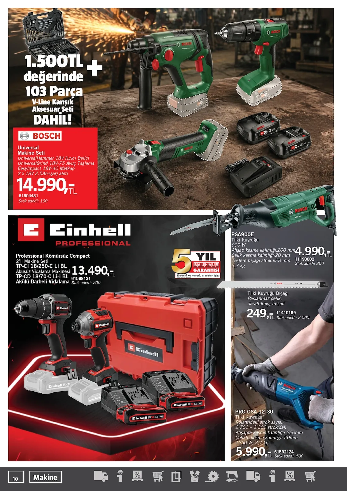 Bauhaus Bauhaus 16 Mayıs 2026 Aktüel Kataloğu sayfa 10: Einhell Professional Kömürsüz Compact 2'Li Makine Seti, Bosch Pro Gsa 12-30 Tilki Kuyruğu Testere
