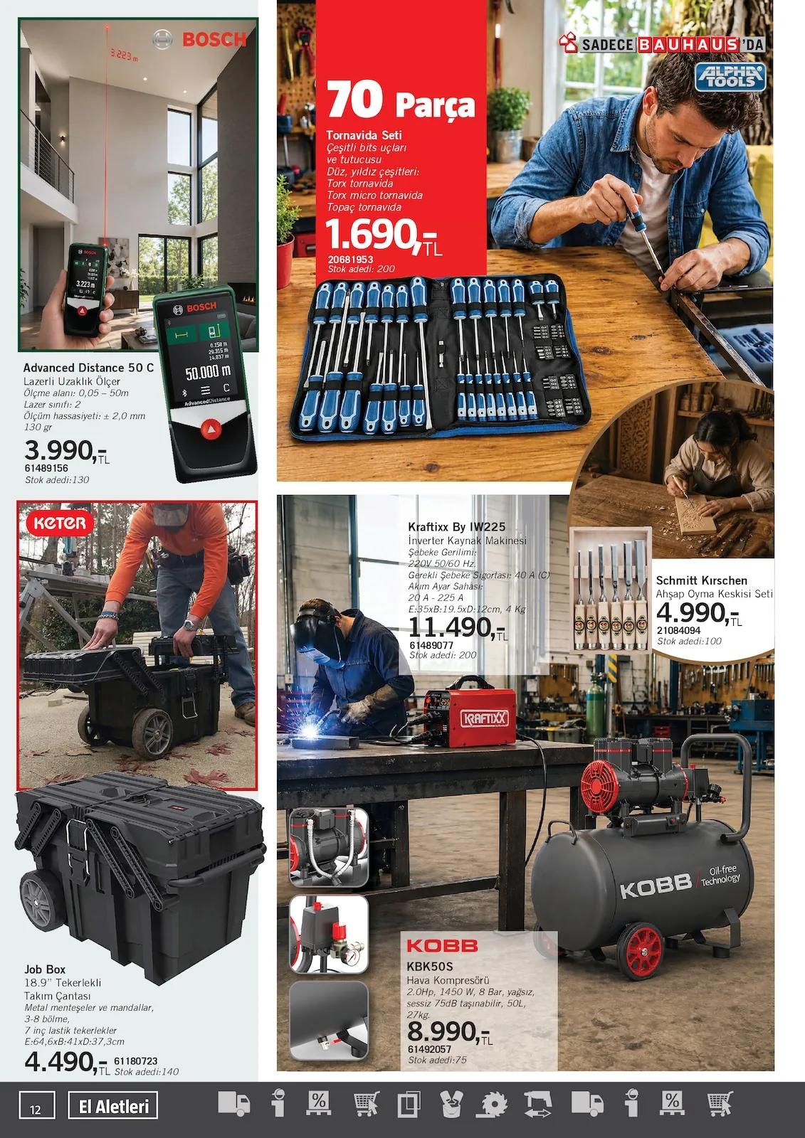 Bauhaus Bauhaus 16 Mayıs 2026 Aktüel Kataloğu sayfa 12: Bosch Advanced Distance 50 C Lazerli Uzaklık Ölçer, Alpha Tools 70 Parça Tornavida Seti