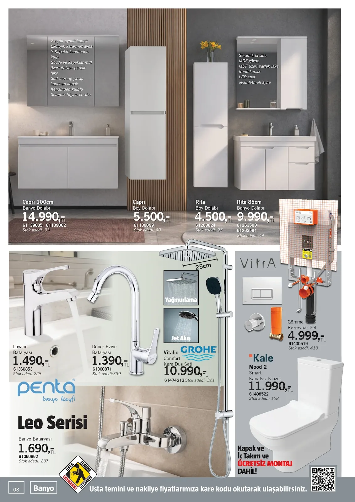 Bauhaus Bauhaus 16 Mayıs 2026 Aktüel Kataloğu sayfa 8: Capri 100Cm Banyo Dolabı, Kale Mood 2 Smart Kanalssız Klozet