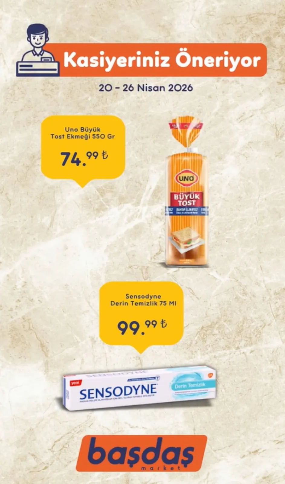 Başdaş Başdaş Market 20 Nisan 2026 Aktüel Kataloğu sayfa 1: Uno Büyük Tost Ekmeği 550 Gr