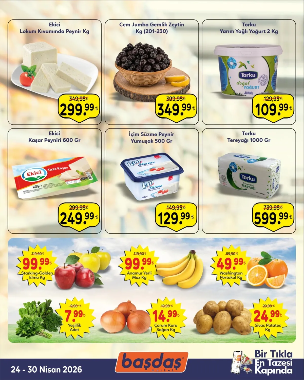 Başdaş Başdaş Market 24 Nisan 2026 Aktüel Kataloğu sayfa 2: Ekici Lokum Kıvamında Peynir Kg, Cem Jumbo Gemlik Zeytin Kg (201-230)