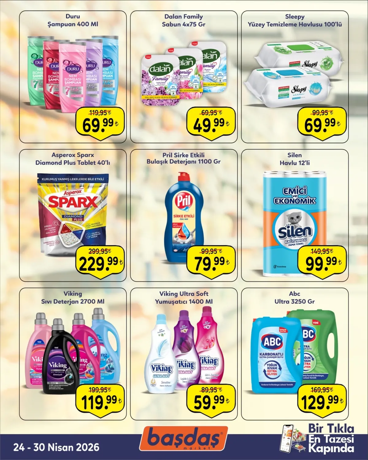 Başdaş Başdaş Market 24 Nisan 2026 Aktüel Kataloğu sayfa 4: Viking Ultra Soft Yumuşatıcı 1400 Ml, Sleepy Yüzey Temizleme Havlusu 100'Lü