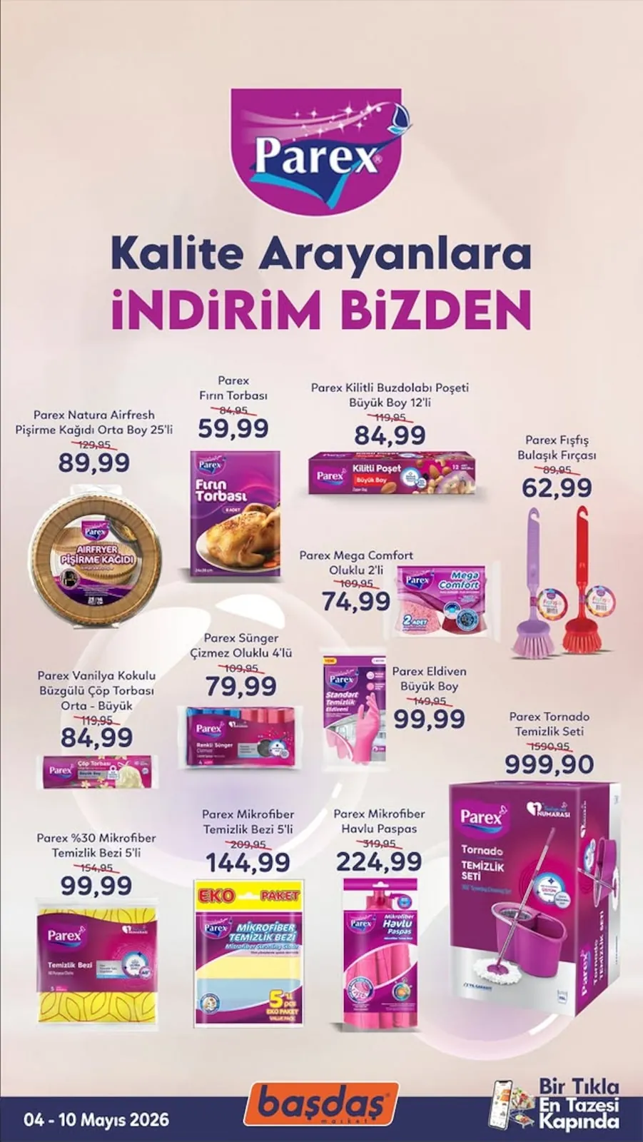 Başdaş Başdaş Market 4 Mayıs 2026 Aktüel Kataloğu sayfa 2: Parex Natura Airfresh Pişirme Kağıdı Orta Boy 25'Li, Parex %30 Mikrofiber Temizlik Bezi 5'Li