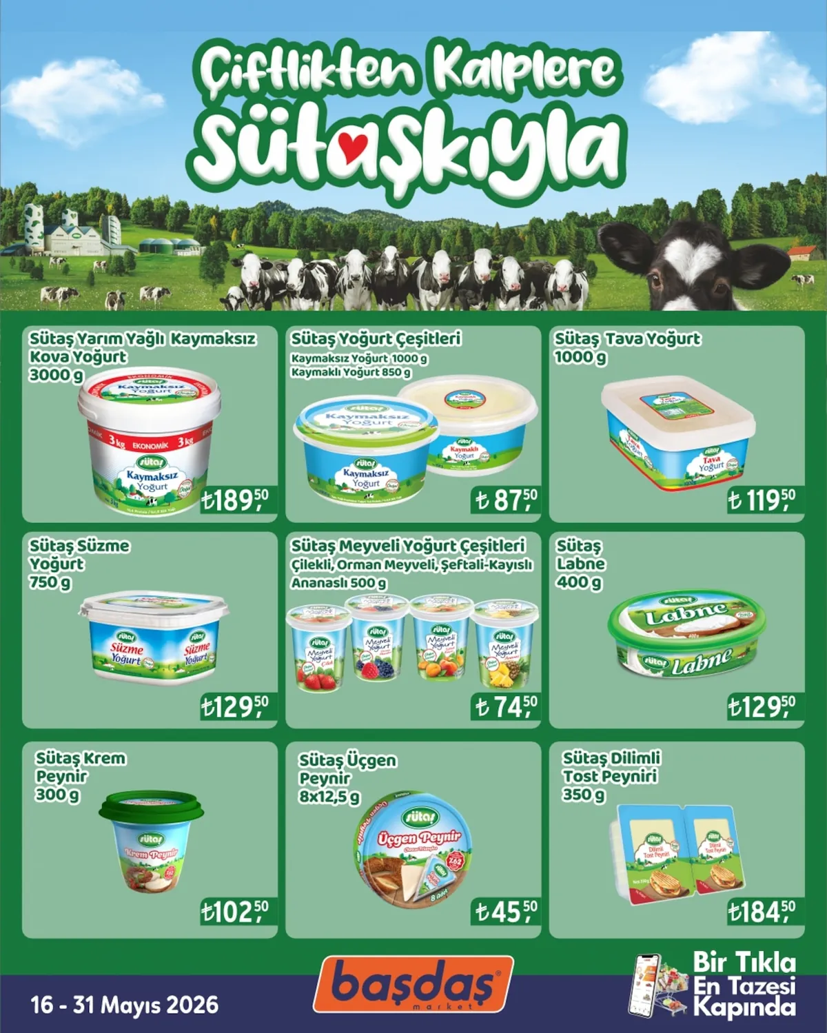 Başdaş Başdaş Market 16 Mayıs 2026 Aktüel Kataloğu sayfa 1: Sütaş Tava Yoğurt 1000G, Sütaş Süzme Yoğurt 750G