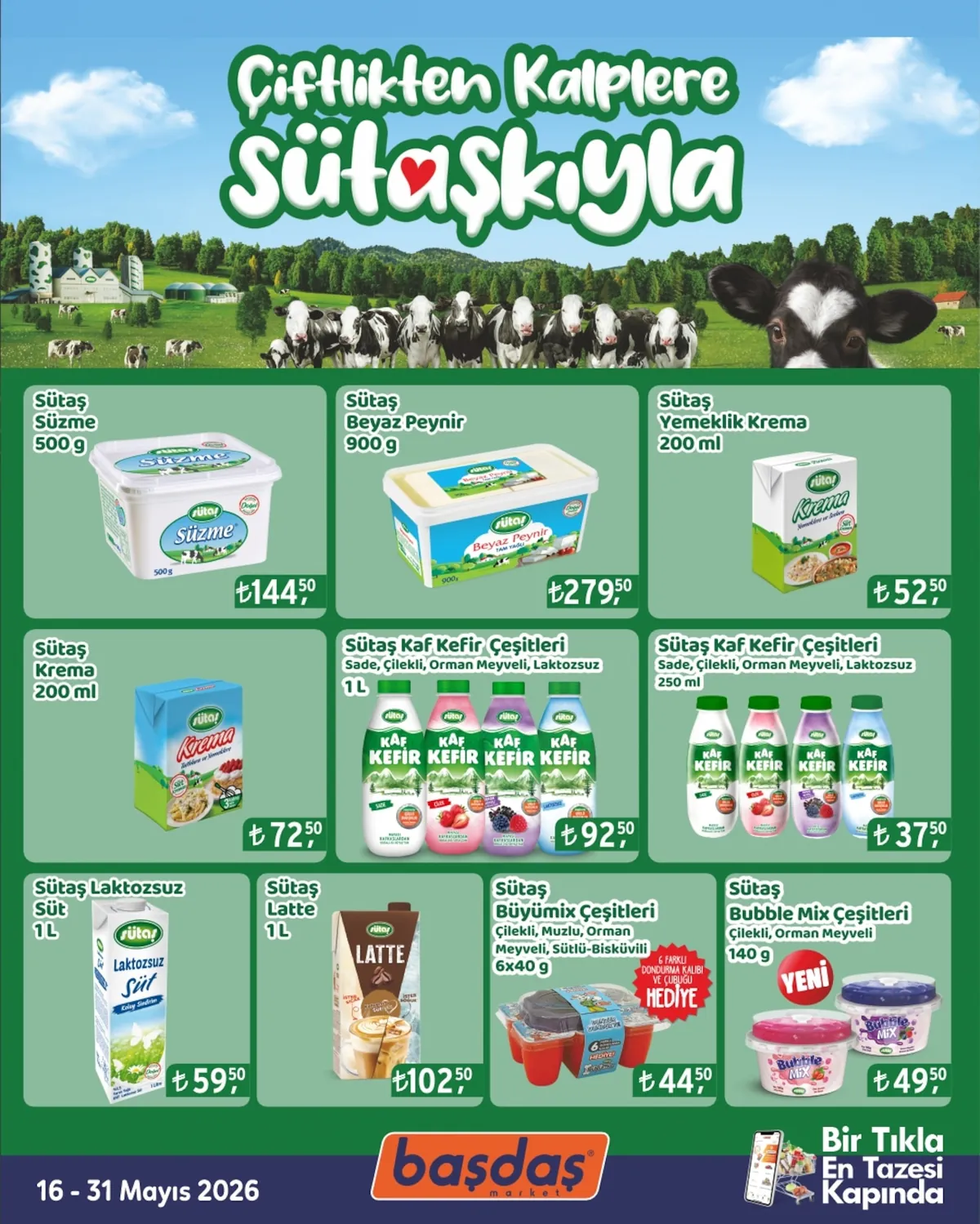 Başdaş Başdaş Market 16 Mayıs 2026 Aktüel Kataloğu sayfa 2: Sütaş Süzme 500G, Sütaş Bubble Mix Çeşitleri 140G