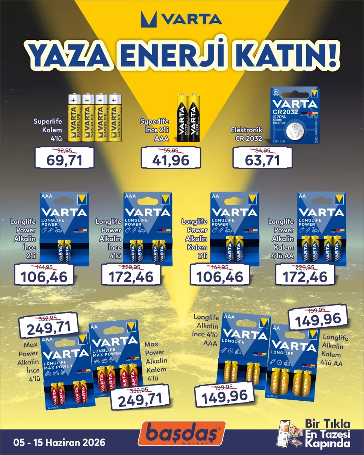 Başdaş Başdaş Market 5 Haziran 2026 Aktüel Kataloğu sayfa 1: Varta Superlife Kalem 4'Lü, Varta Superlife İnce 2'Li Aaa