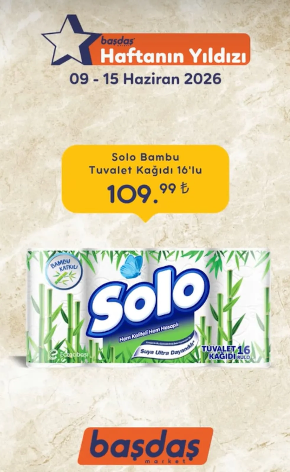 Başdaş Başdaş Market 9 Haziran 2026 Aktüel Kataloğu sayfa 1: Solo Bambu Tuvalet Kağıdı 16'Lı