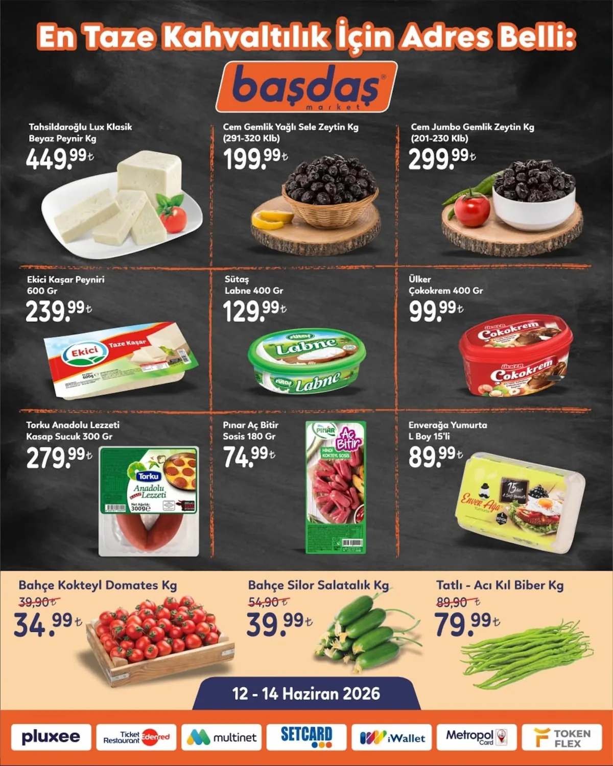 Başdaş Başdaş Market 12 Haziran 2026 Aktüel Kataloğu sayfa 1: Pinar Aç Bitir Sosis 180 Gr, Cem Jumbo Gemlik Zeytin Kg (201-230 Klb)