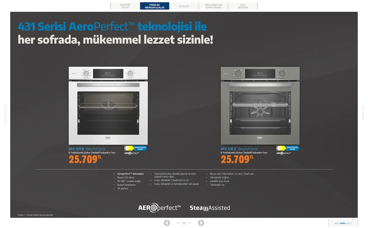 Beko Beko 1 Şubat 2026 Aktüel Kataloğu sayfa 29: Bfc 431 B · Beyond Serisi 8 Fonksiyonlu Buhar Destekli Ankastre Fırın, Bfc 431 G · Beyond Serisi 8 Fonksiyonlu Buhar Destekli Ankastre Fırın