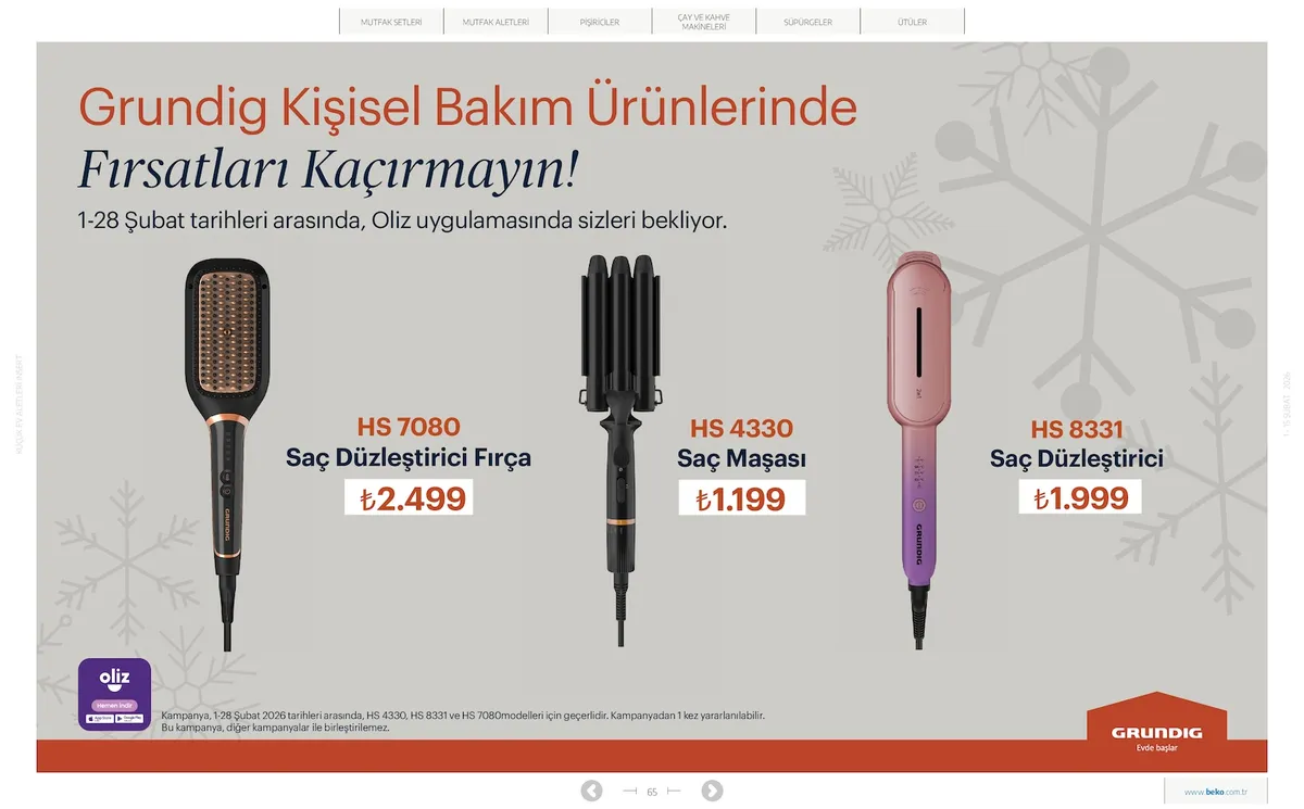 Beko Beko 1 Şubat 2026 Aktüel Kataloğu sayfa 65: Grundig Hs 7080 Saç Düzleştirici Fırça, Grundig Hs 8331 Saç Düzleştirici