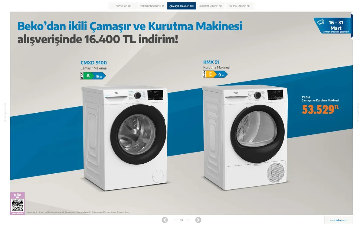 Beko Beko 16 Mart 2026 Aktüel Kataloğu sayfa 29: Kmx 91 Kurutma Makinesi, Cmdx 9100 Çamaşır Makinesi