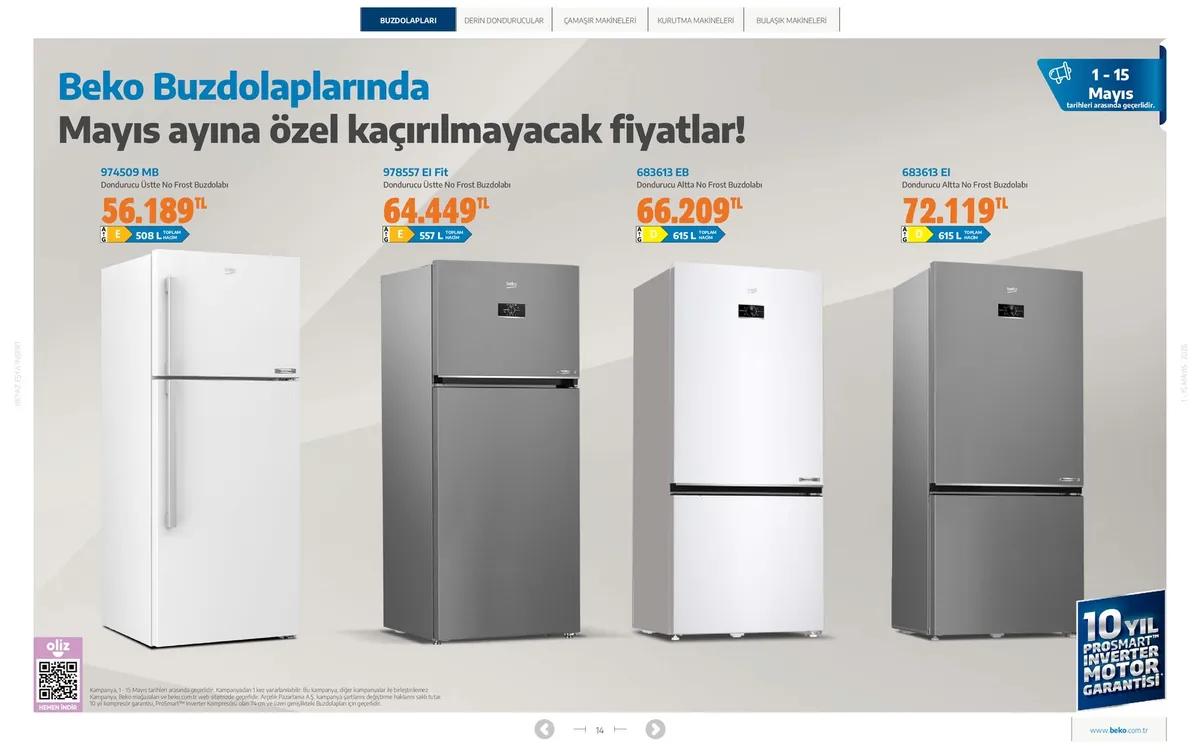Beko Beko 1 Mayıs 2026 Aktüel Kataloğu sayfa 14: Beko 683613 Eb Dondurucu Altta No Frost Buzdolabı 615L, Beko 978557 El Fit Dondurucu Üstte No Frost Buzdolabı 557L