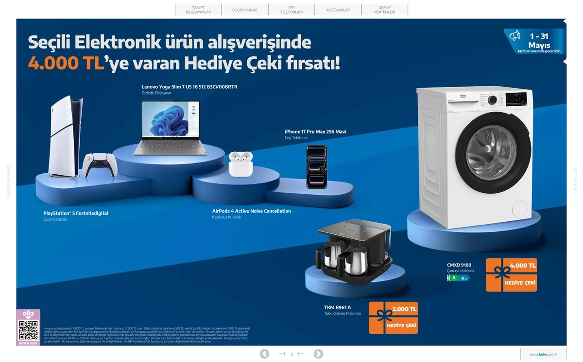 Beko Beko 1 Mayıs 2026 Aktüel Kataloğu sayfa 3: Tkm 8961 A Türk Kahvesi Makinesi, Cmxd 9100 Çamaşır Makinesi 9Kg