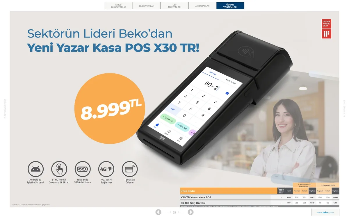 Beko Beko 1 Mayıs 2026 Aktüel Kataloğu sayfa 33: Yazar Kasa Pos X30 Tr+Şarj Ünitesi