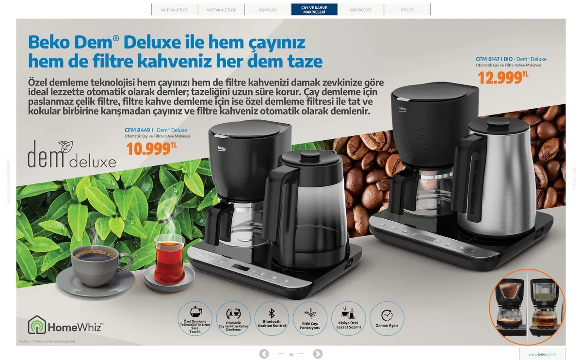 Beko Market Katalog sayfa 34: Beko Dem Deluxe Otomatik Çay Ve Filtre Kahve Makinesi