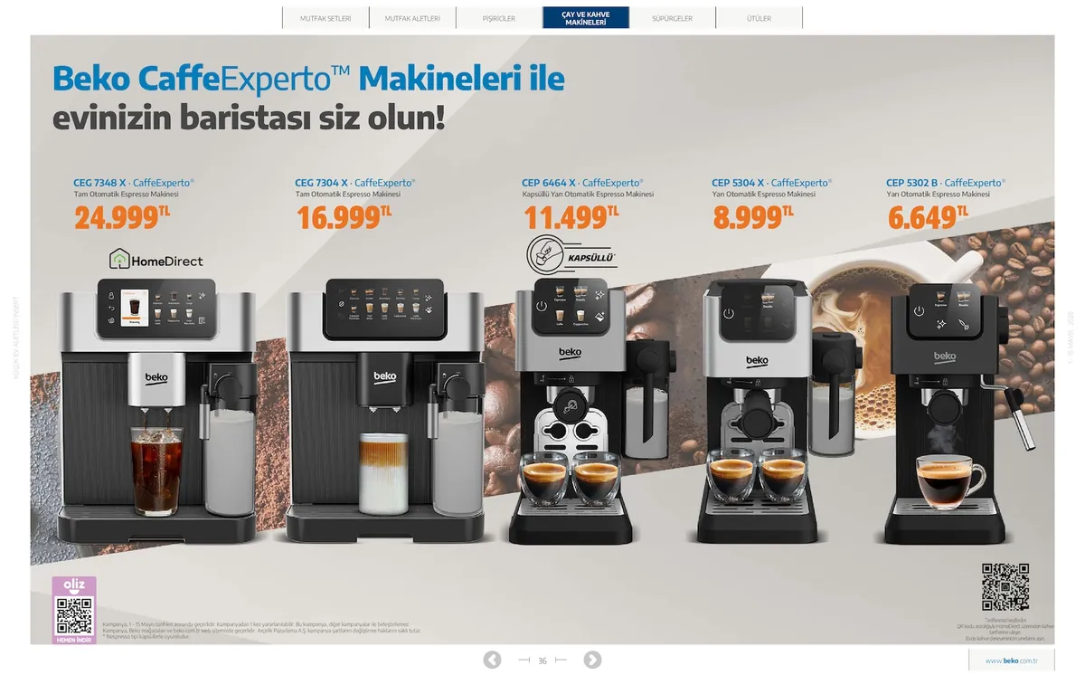Beko Market Katalog sayfa 36: Beko Ceff 7348 X Caffeexperto Tam Otomatik Espresso Makinesi, Beko Cep 6464 X Caffeexperto Kapşüllü Yan Otomatik Espresso Makinesi