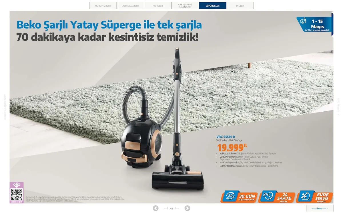 Beko Market Katalog sayfa 49: Beko Şarjlı Yatay Hibrit Süpürge Vrc 95536 B