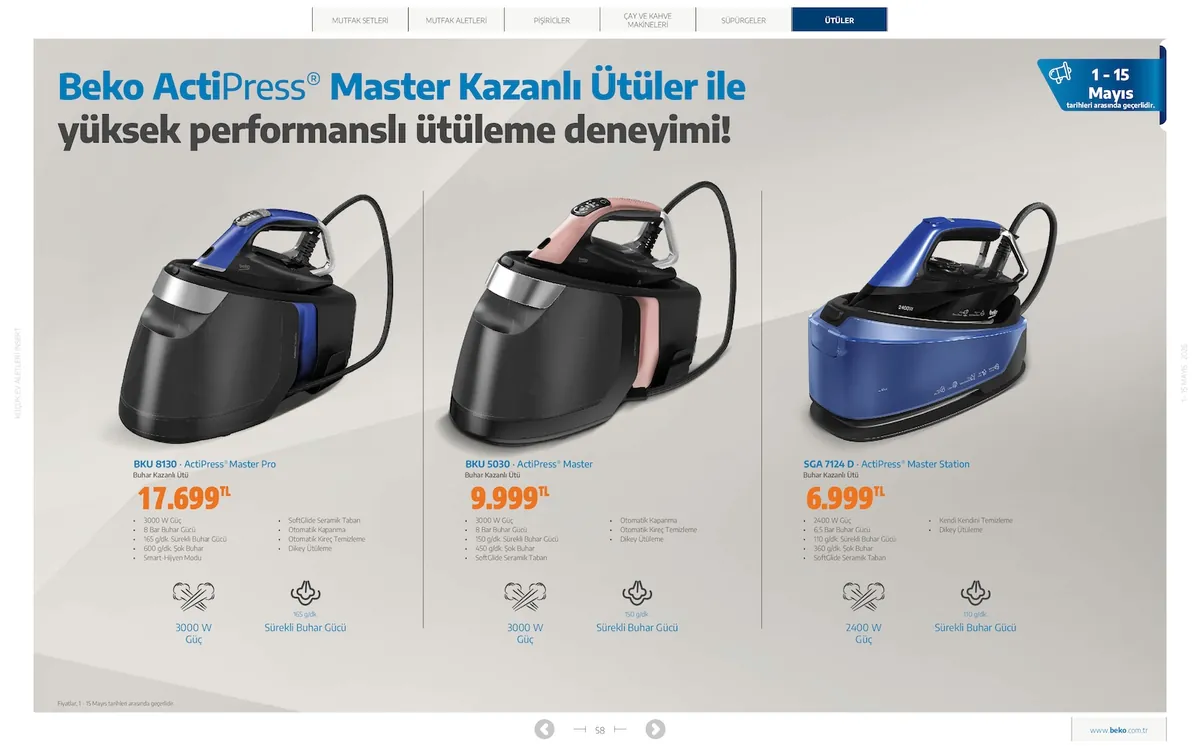 Beko Market Katalog sayfa 58: Beko Bku 8130 Actipress Master Pro Buhar Kazanlı Ütü