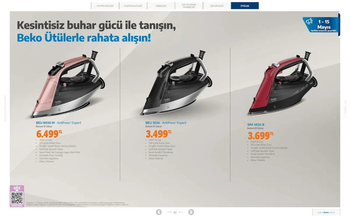Beko Market Katalog sayfa 60: Beko Beu 5024 Actipress Expert Buharlı El Ütüsü, Beko Beu 8030 M Actipress Expert Buharlı El Ütüsü